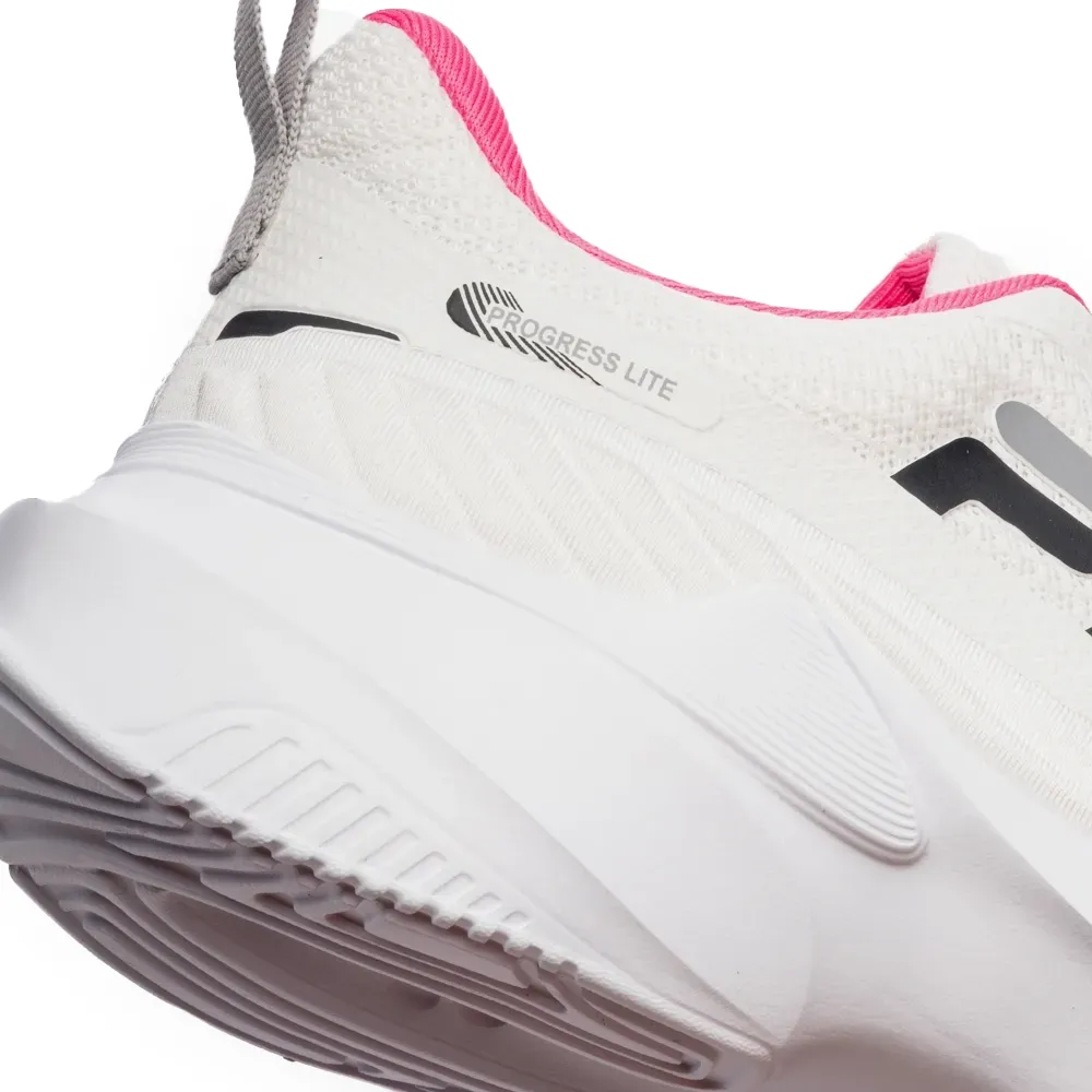 Tênis feminino branco Fila Progress Lite mostrando detalhes do design e conforto